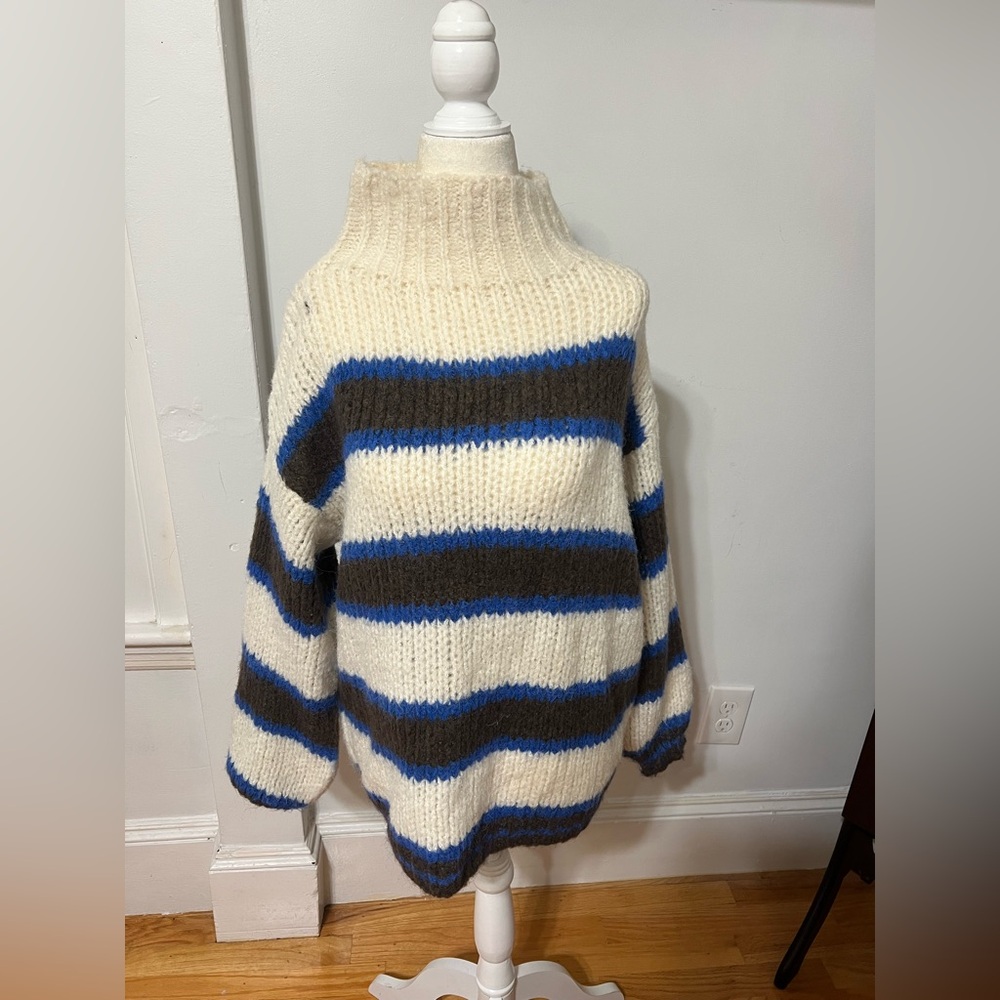 Striped Cowl Neck Sweater - Cream, Blue, and Brown